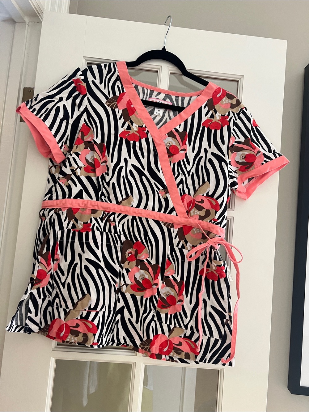 Koi Floral Zebra Wrap Scrub Top with Pink Trim